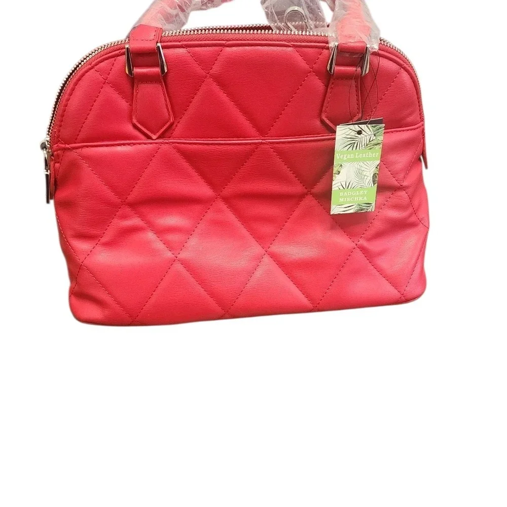 Badgley Mischka Red Quilted Satchel with Silver Hardware - Picture 7 of 11